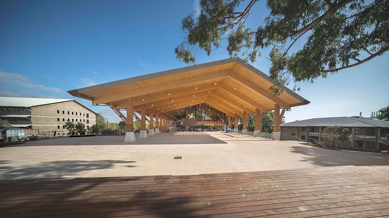 A wide view of the front of the Boola Katitjin Building at Murdoch University, Western Australia